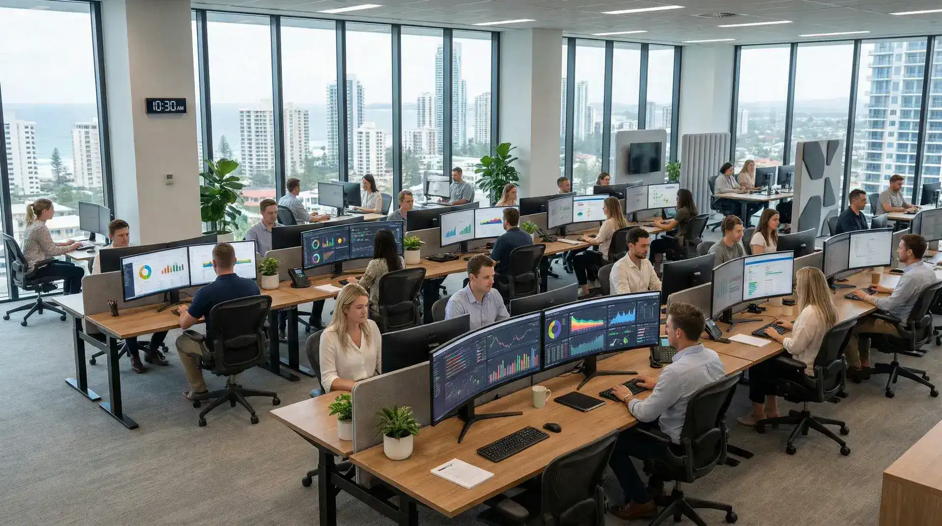 Modern Gold Coast business office showing AI productivity automation in action with multiple screens