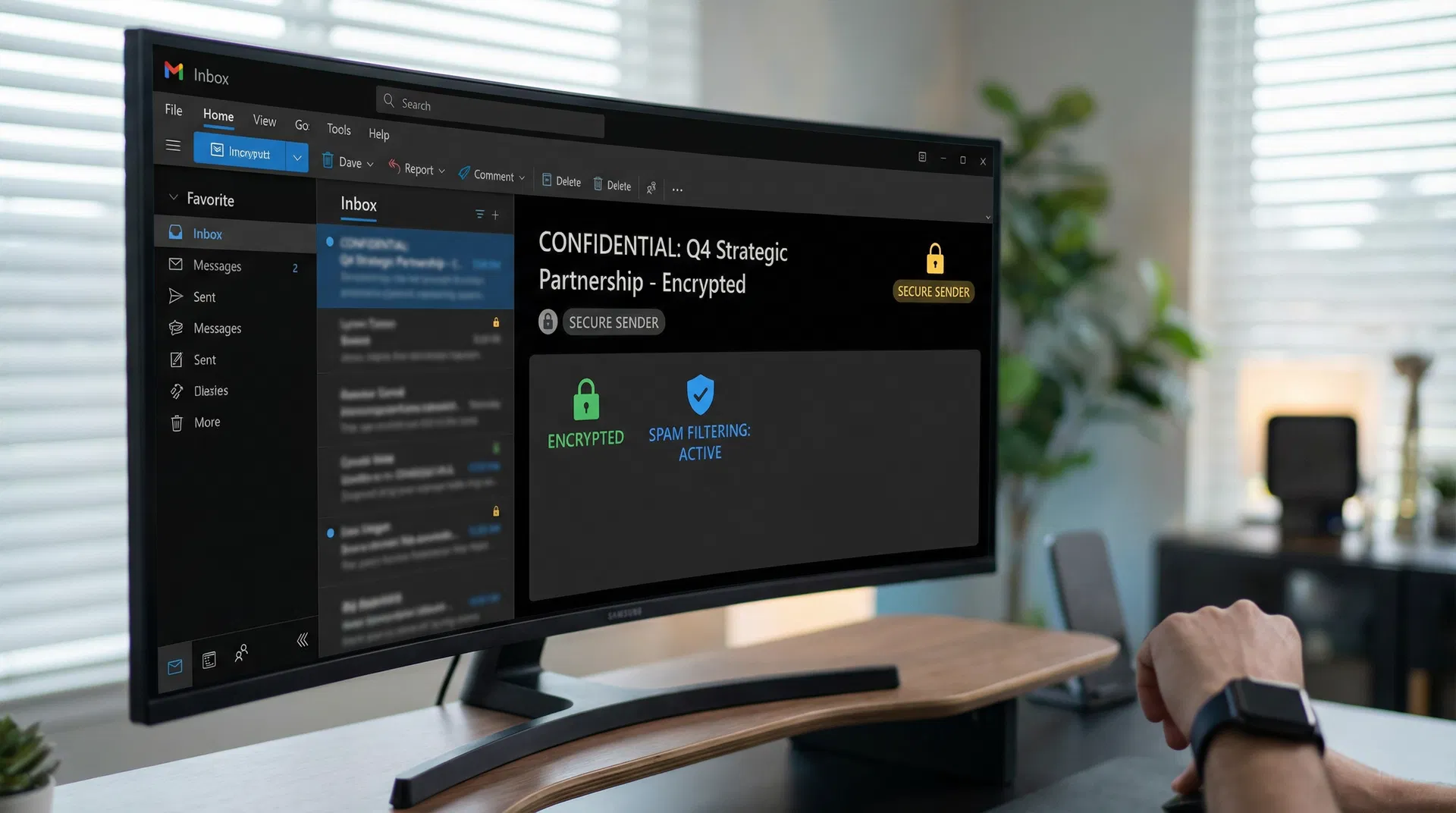 Secure business email dashboard displaying advanced threat protection and encryption features