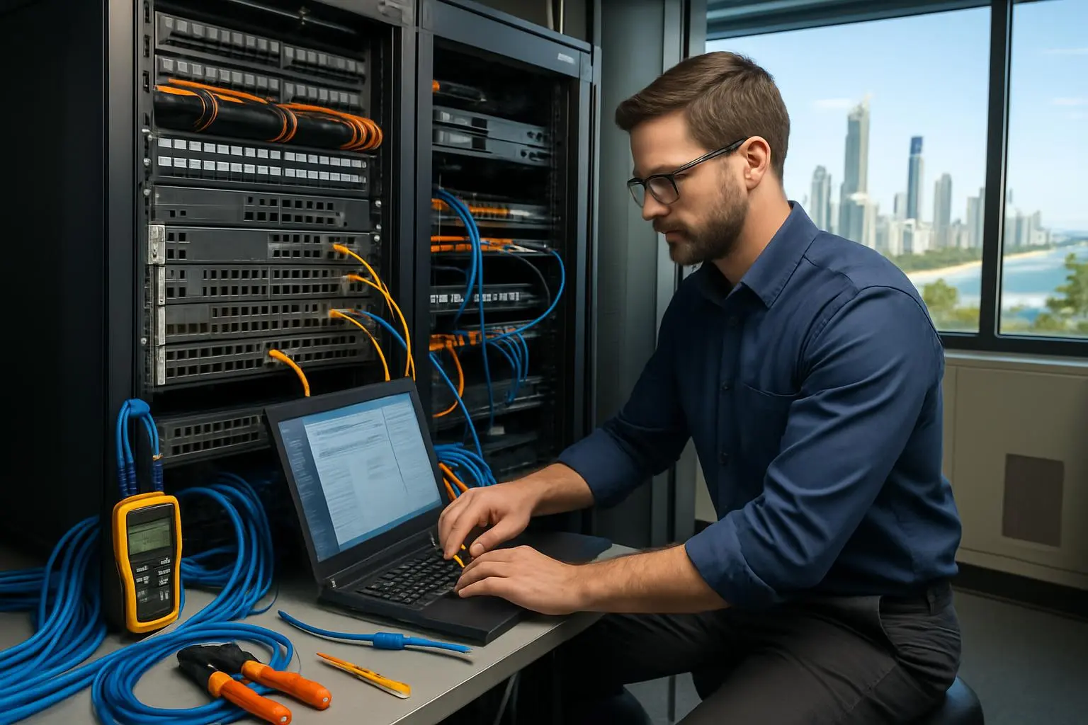 Professional technician installing enterprise network equipment and configuring switches in Gold Coast business office