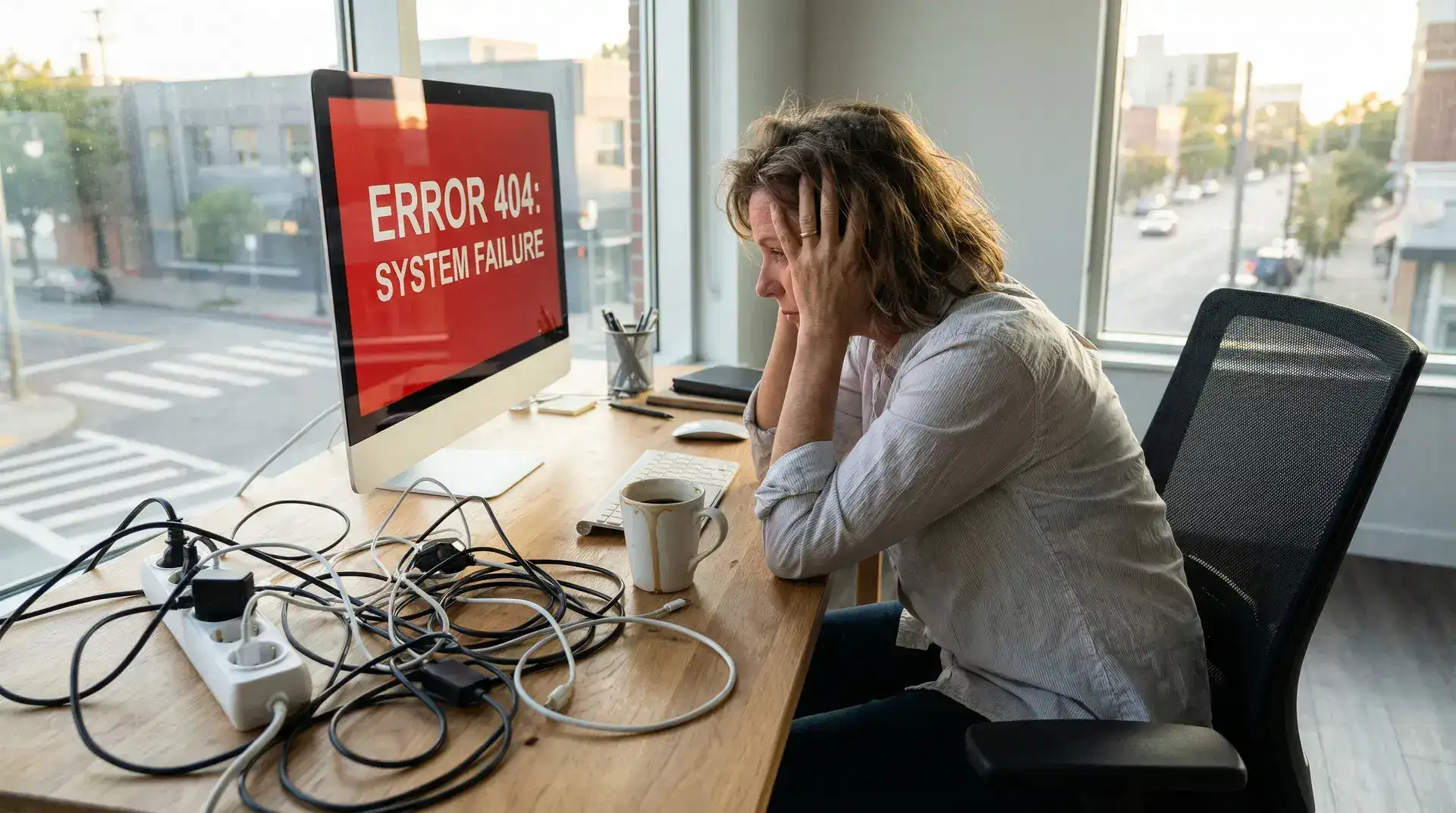 Frustrated business owner dealing with computer problems