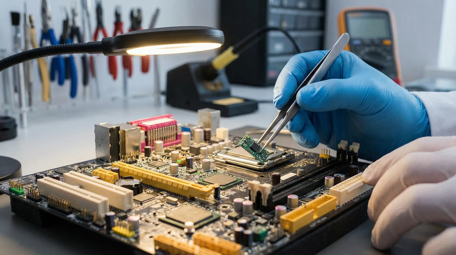 Detailed view of computer motherboard repair showing precision soldering