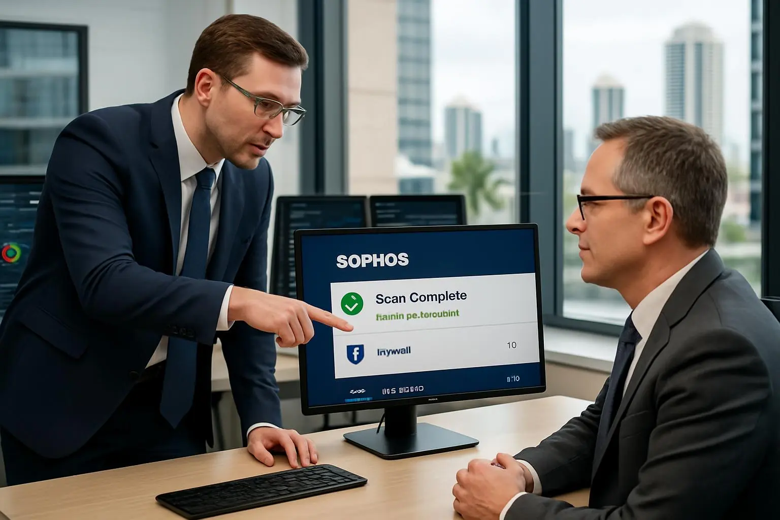 Professional IT security consultant helping business client with computer security and antivirus setup on Gold Coast