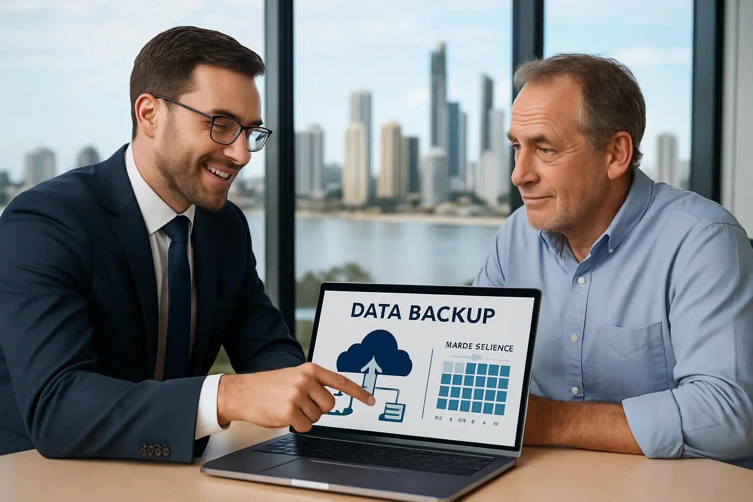 IT professional consulting with business client about data backup solutions