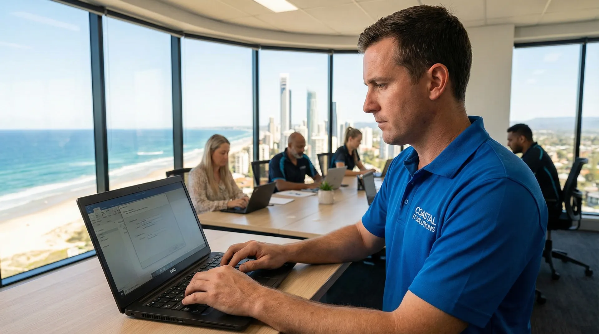 Professional IT technician setting up email accounts on a laptop in a Gold Coast office