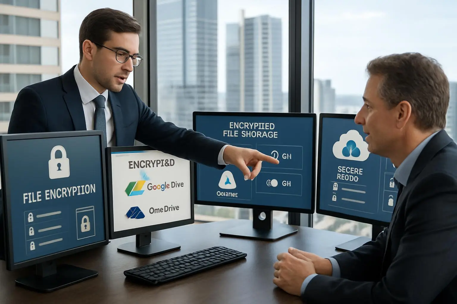 Professional IT consultant helping business client with encrypted file storage setup featuring Google Drive and Microsoft OneDrive on Gold Coast