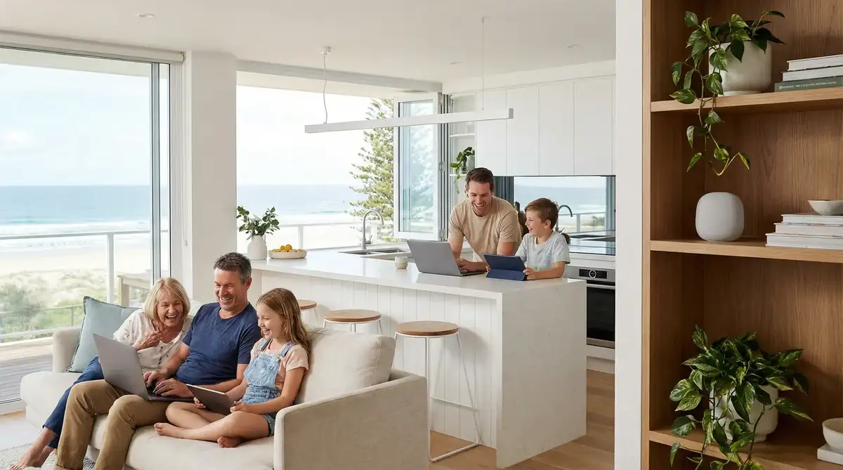 Gold Coast family enjoying seamless internet connectivity in open plan living area