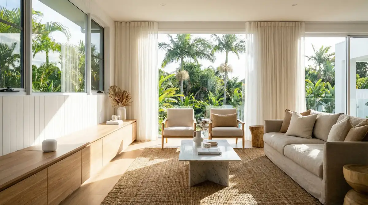Modern Gold Coast living room with Google Nest Wifi router on entertainment unit