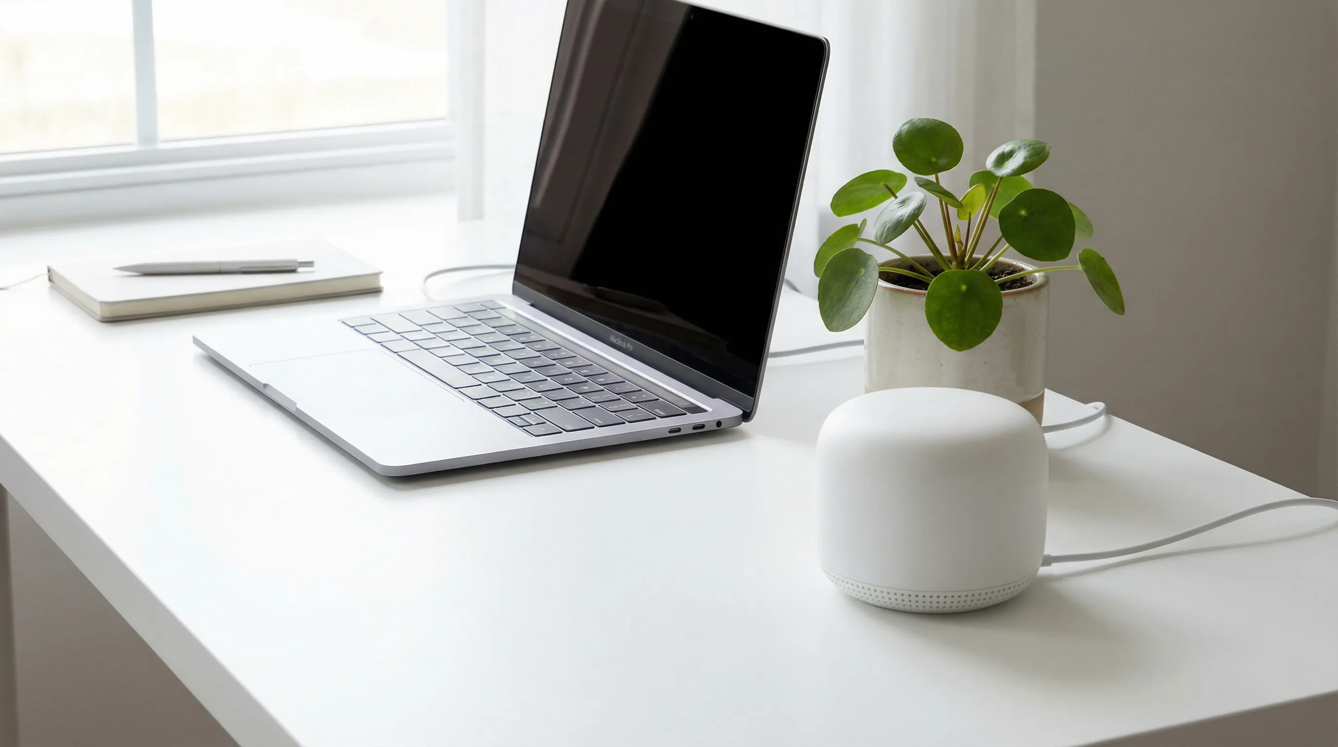 Google Nest Wifi point on a clean white desk in a home office setup