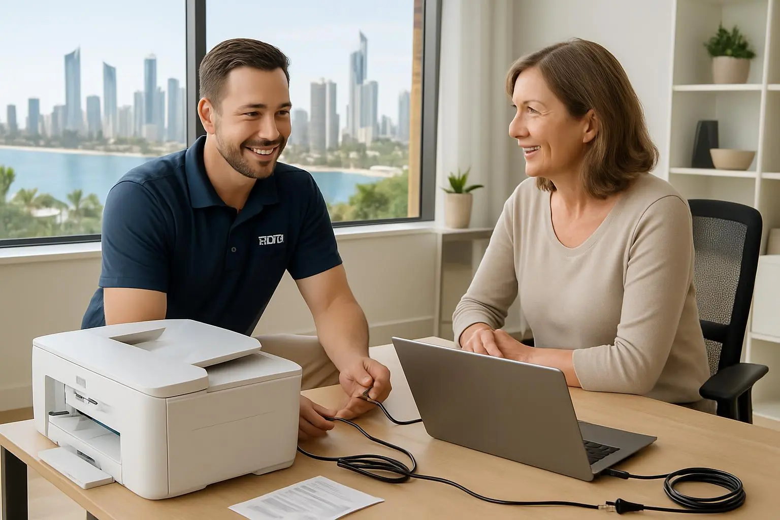 IT professional helping residential client with printer setup in Gold Coast home office