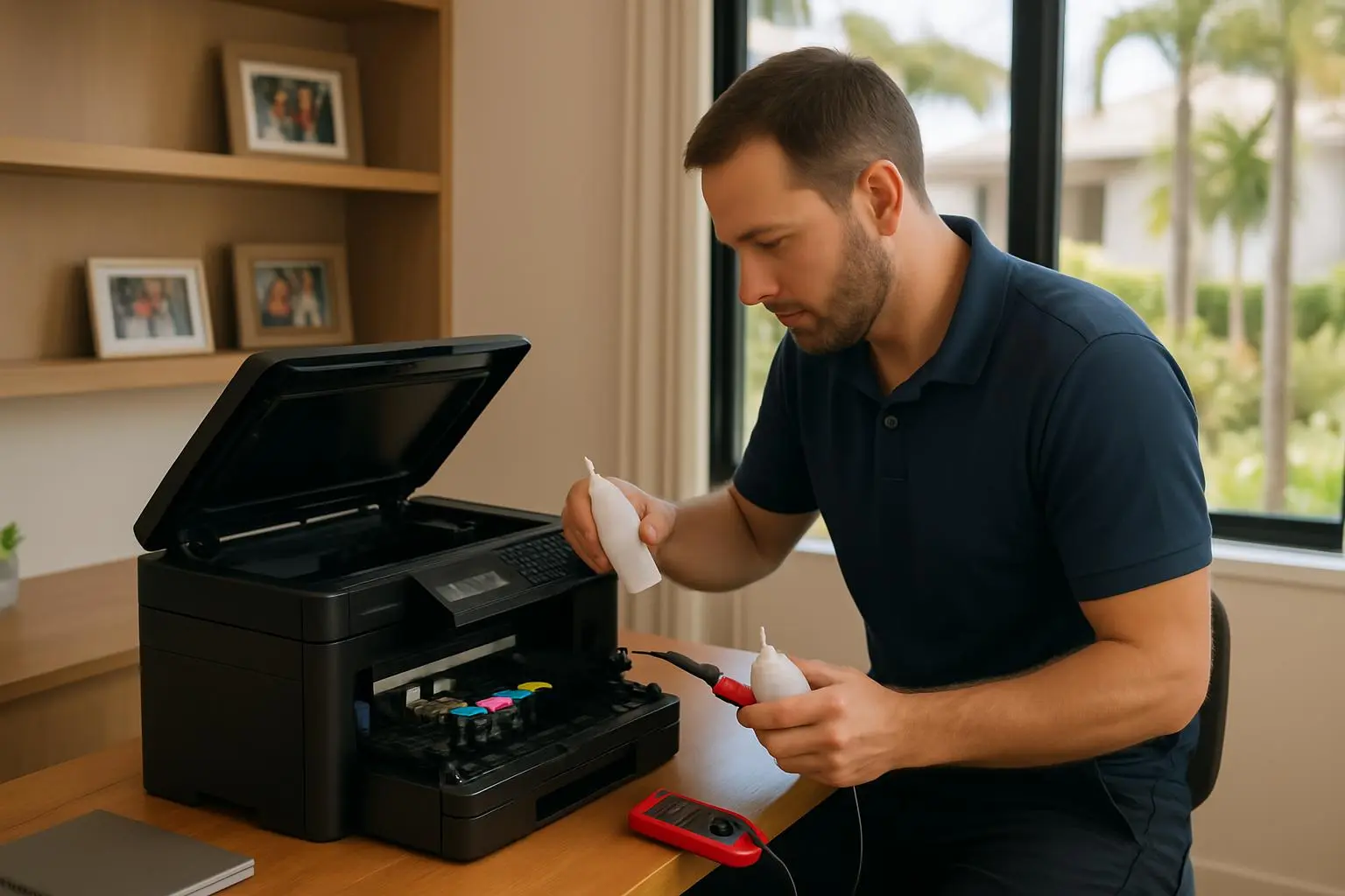 Technician performing printer troubleshooting service in modern Gold Coast family home
