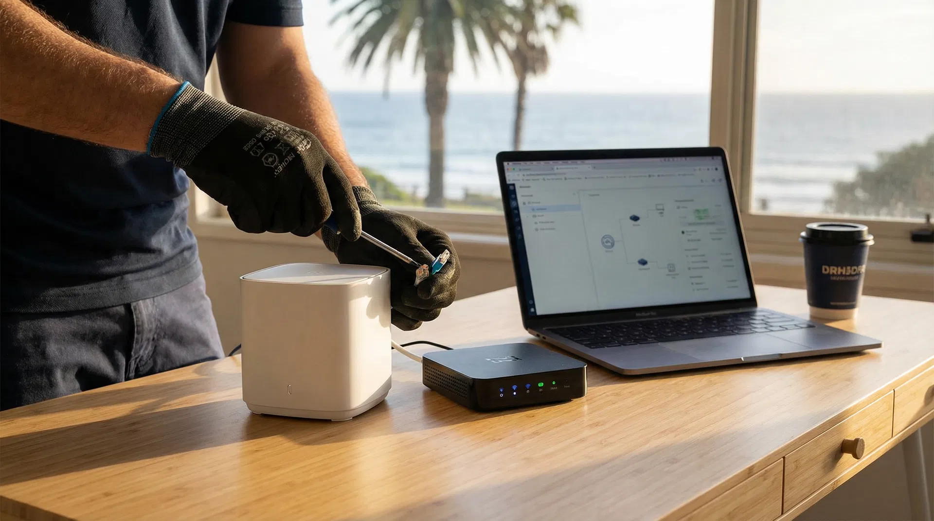 Bcom technician configuring a WiFi router and smart home hub on a desk