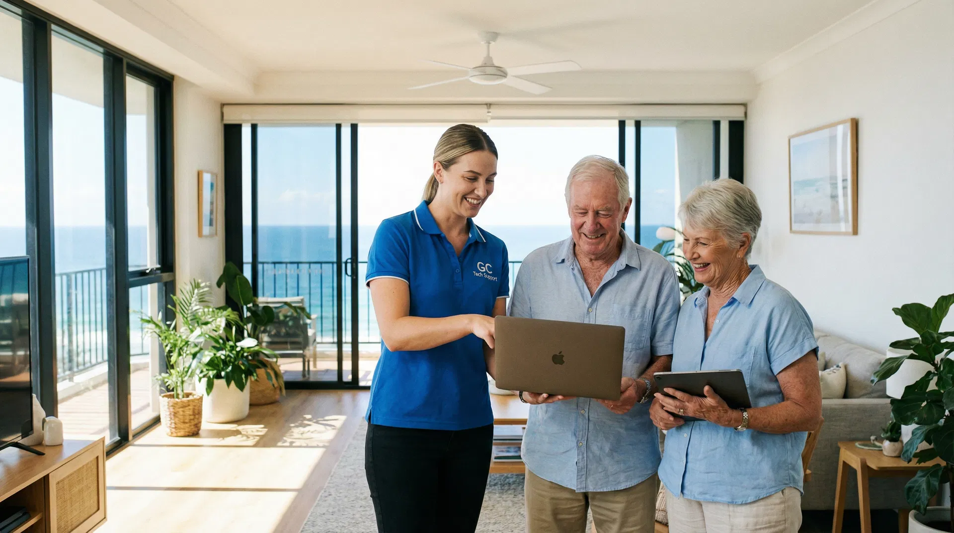 Friendly Bcom technician helping a senior couple with their laptop in a Gold Coast living room