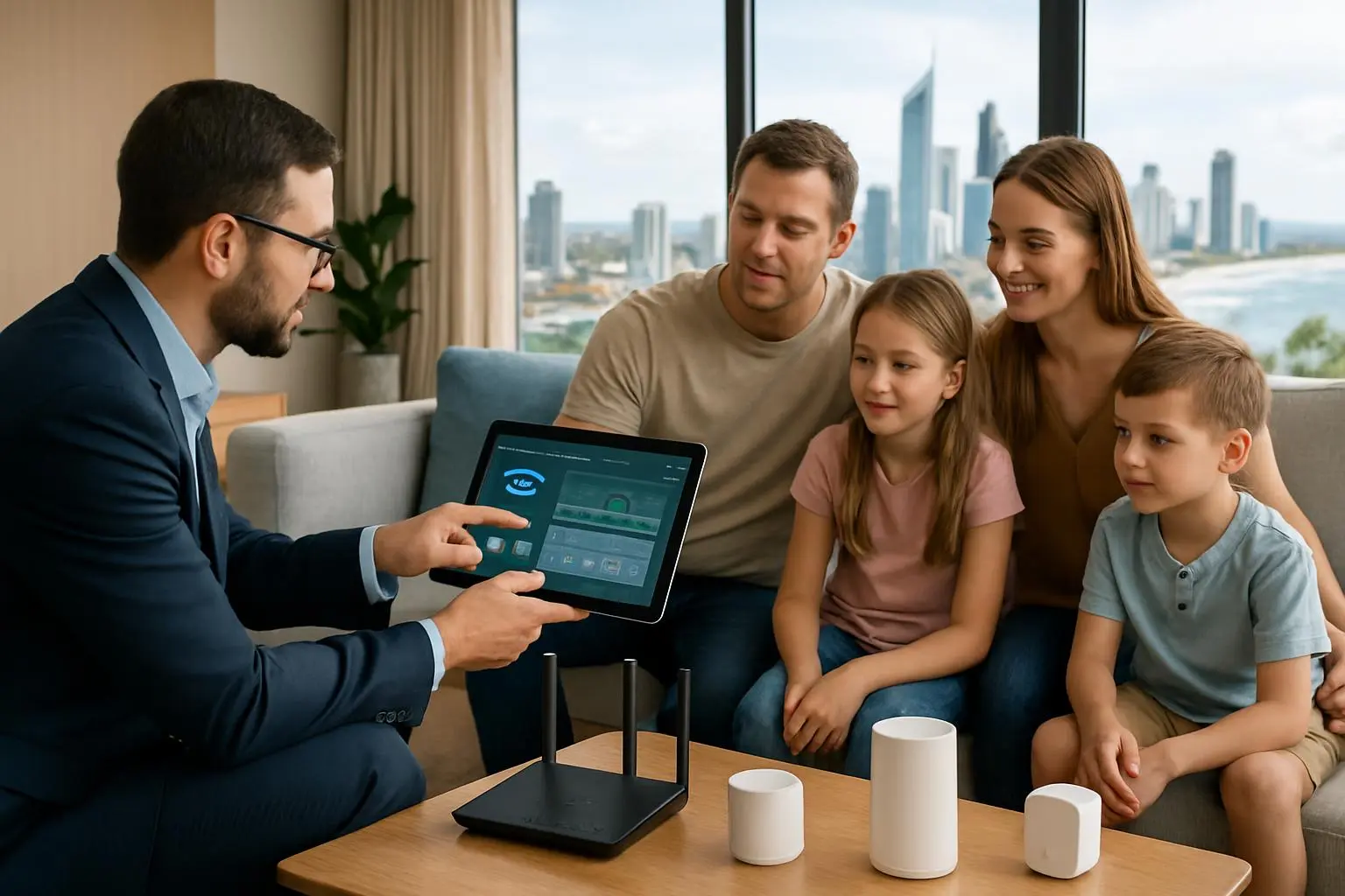 IT professional helping Gold Coast family with home Wi-Fi setup and troubleshooting