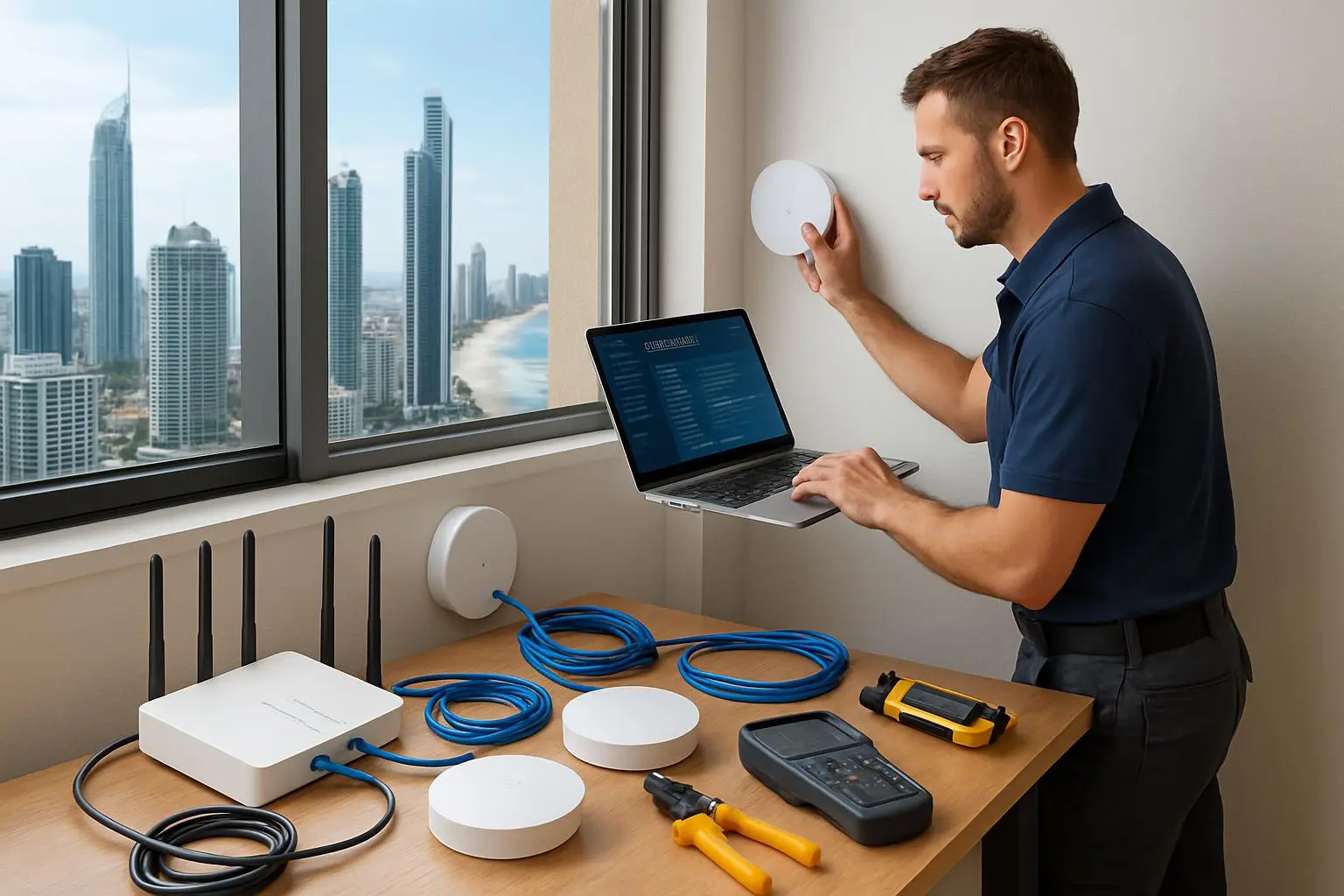 Professional technician installing Wi-Fi equipment and configuring mesh network in Gold Coast home