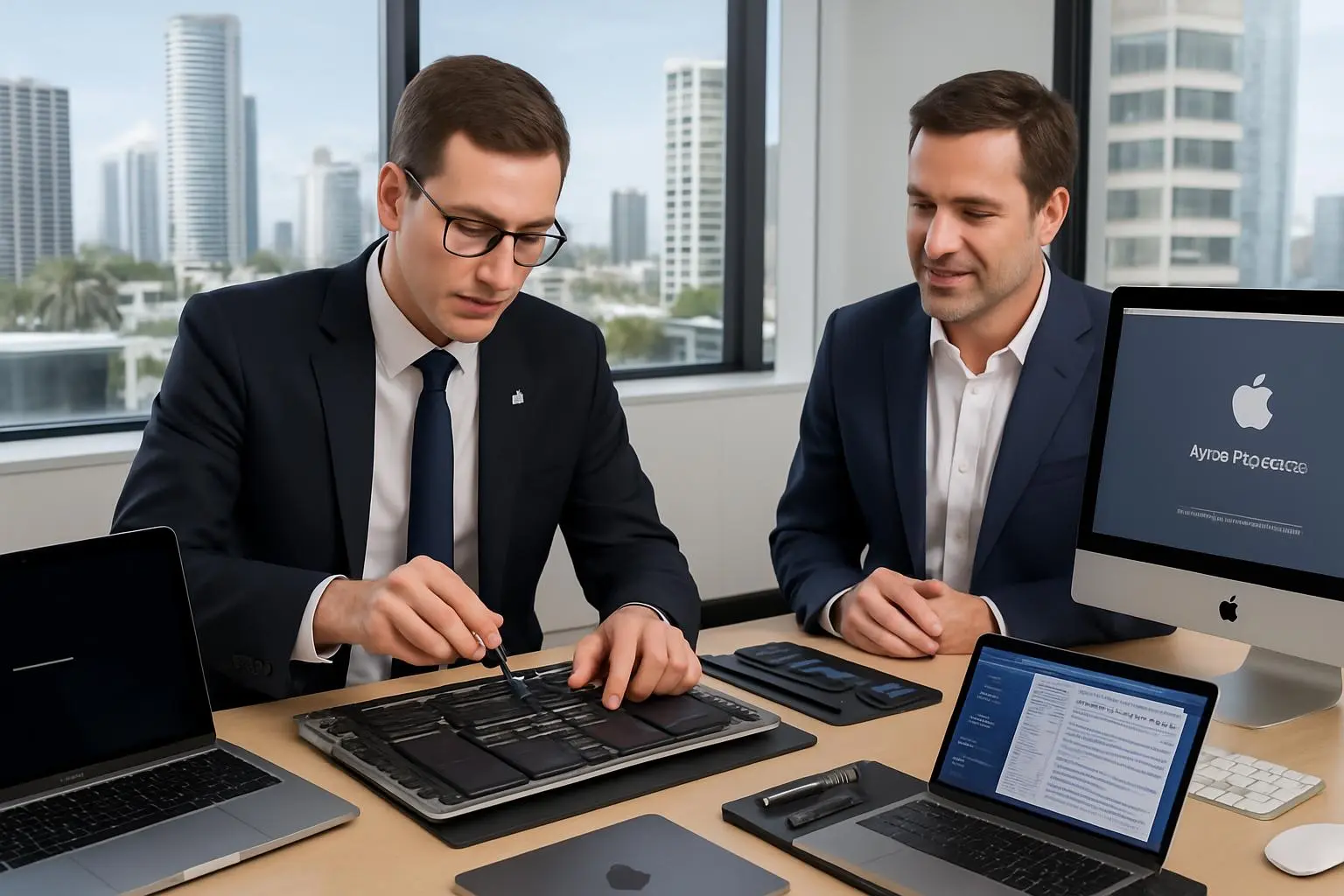Professional Apple certified technician performing MacBook repair for business client on Gold Coast