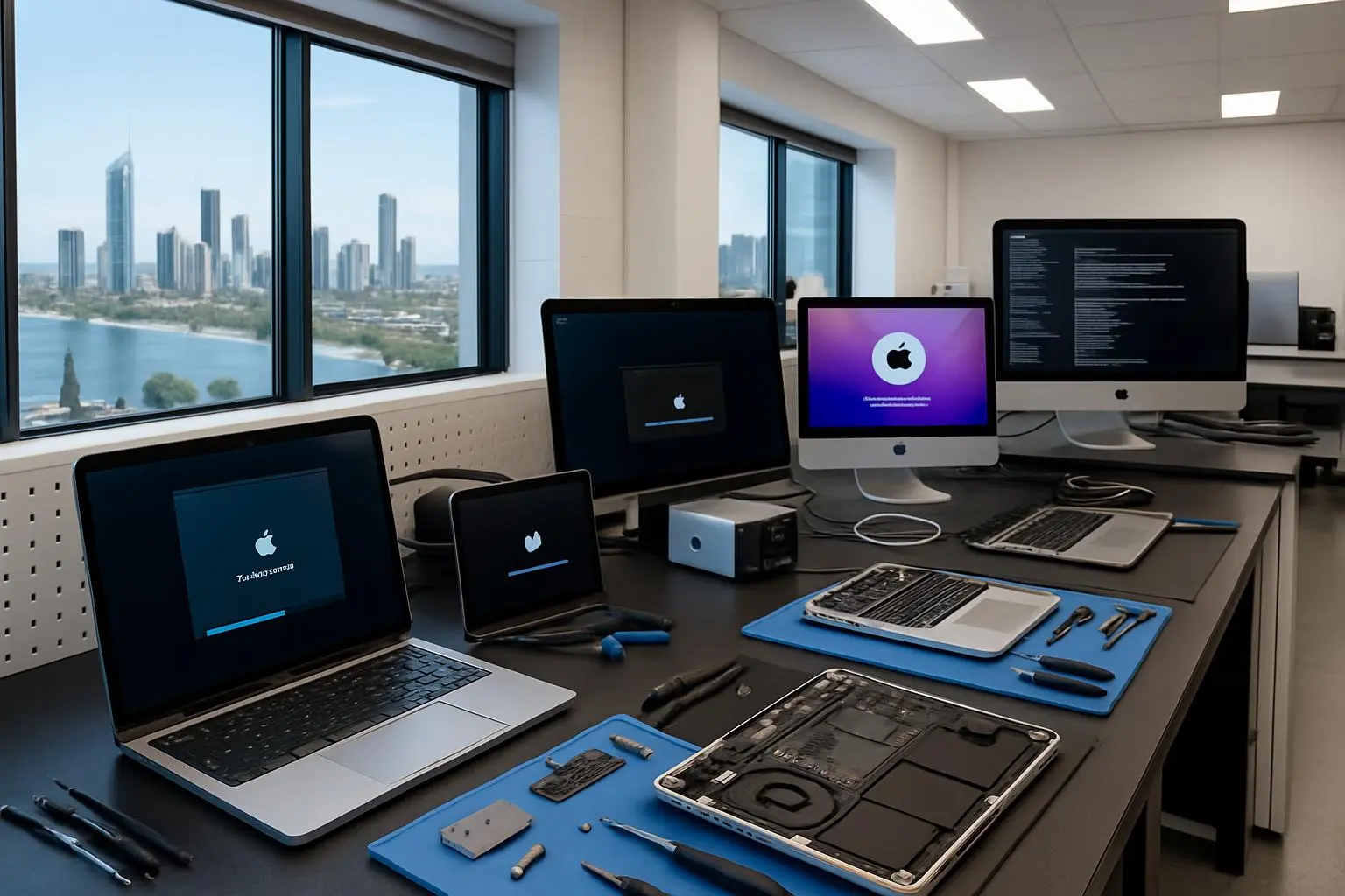 Modern Apple Mac repair workshop on Gold Coast showing various MacBook repair workstations and diagnostic equipment