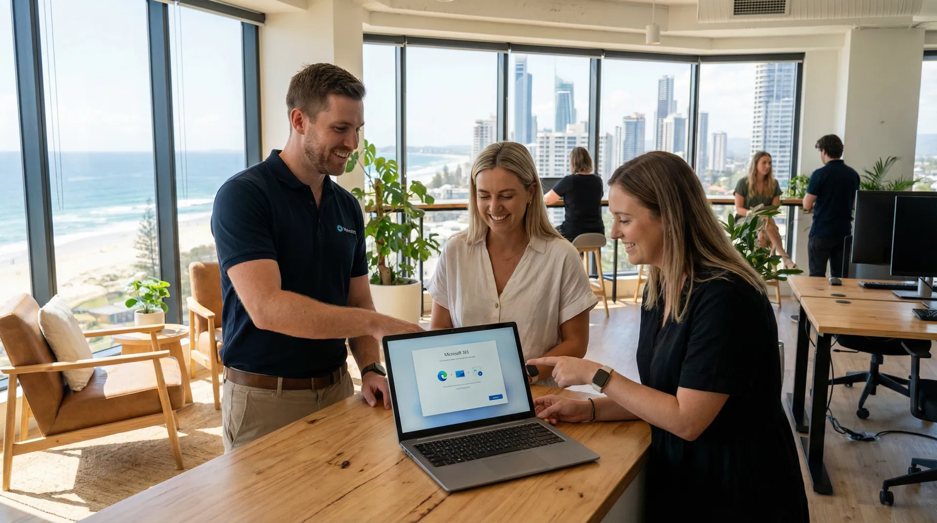 Gold Coast IT professional helping a small business owner with Microsoft 365 setup with ocean views