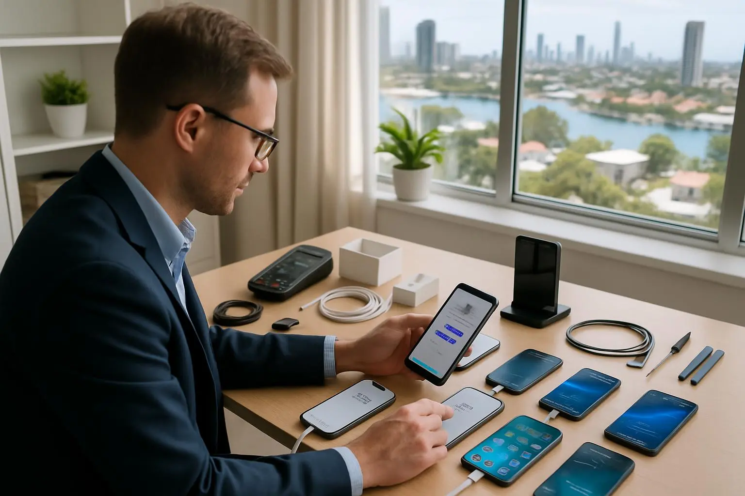 Mobile phone tech support services being performed in Gold Coast home office