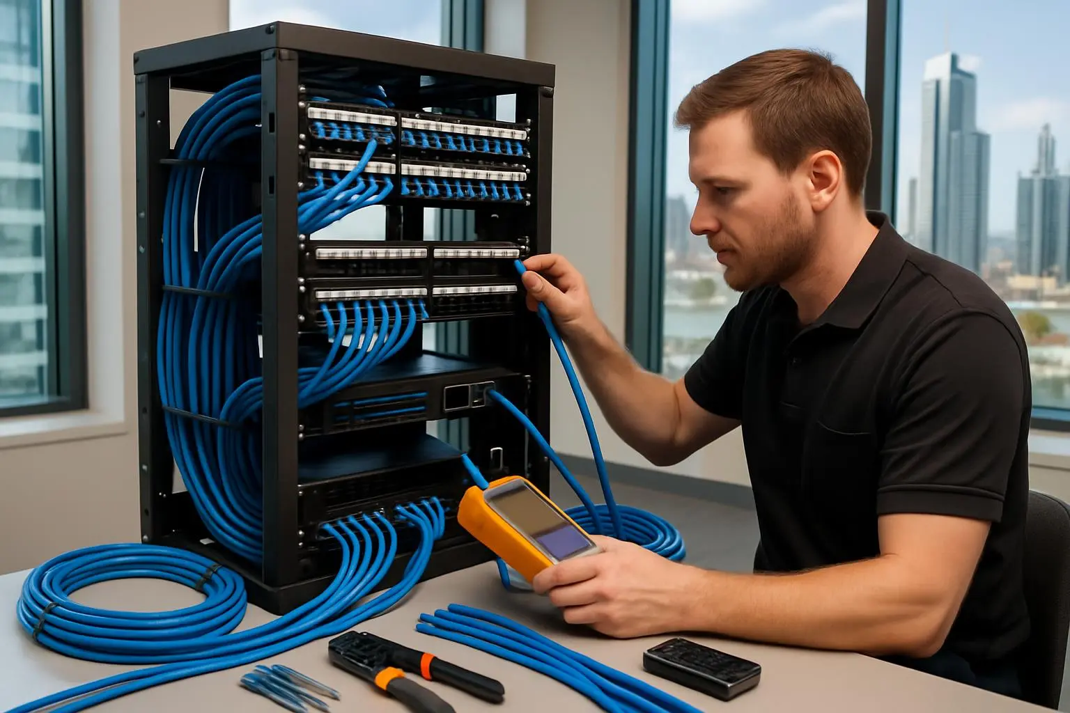 Professional technician installing network cabling and configuring patch panels in Gold Coast office