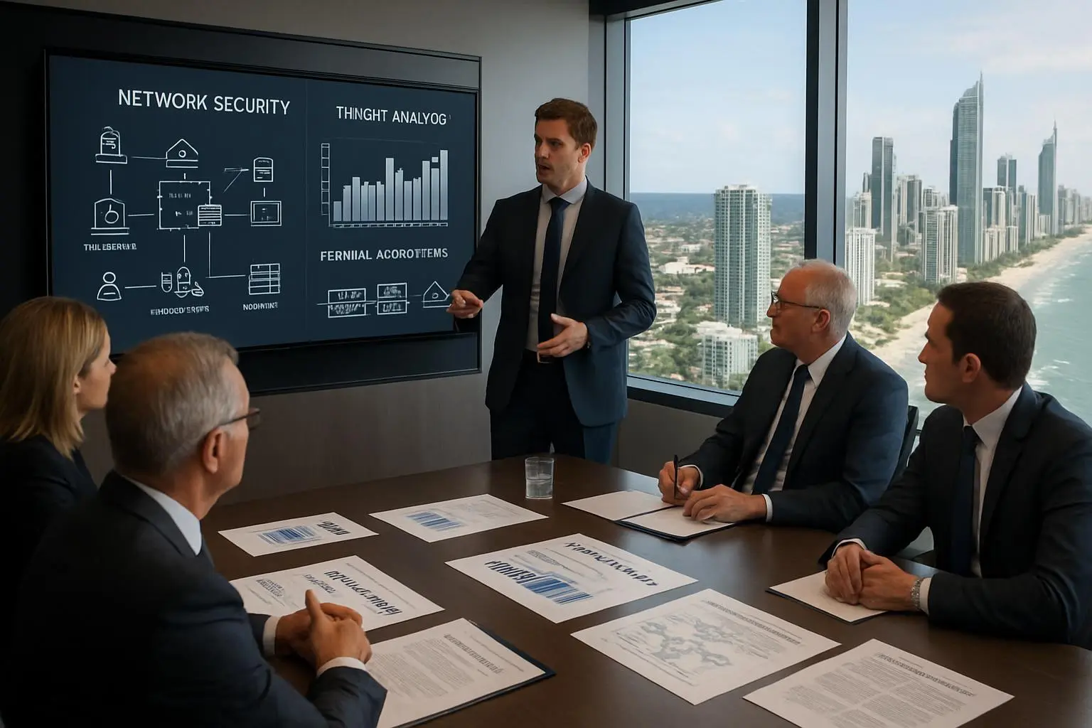 IT security consultant presenting cybersecurity strategy and firewall configuration to Gold Coast business executives