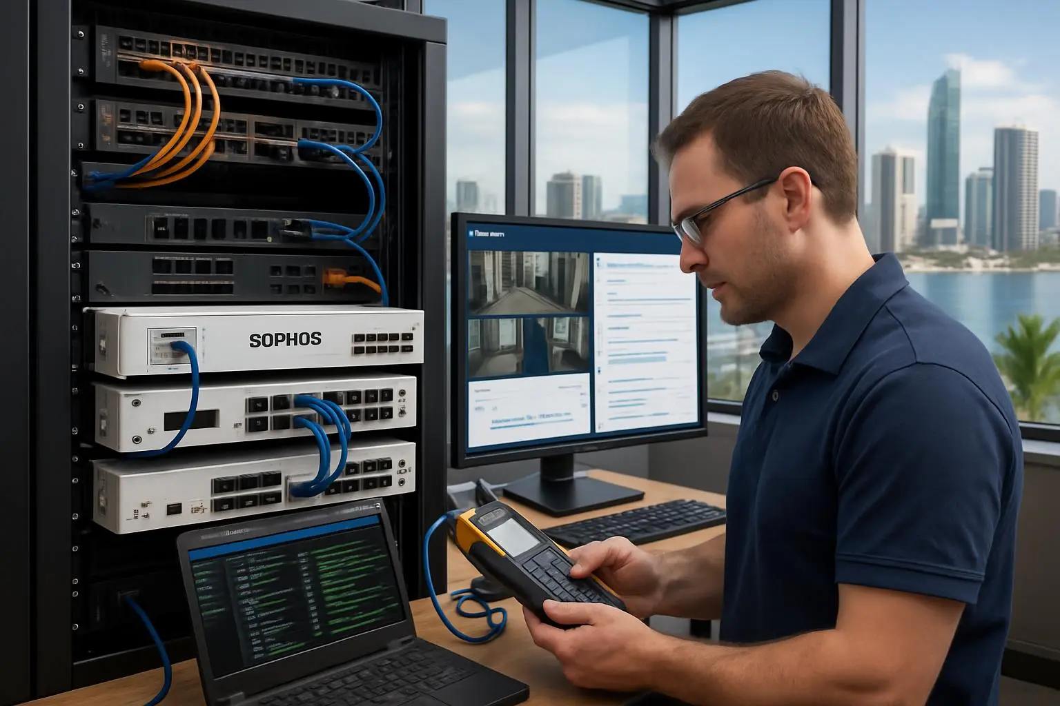 Professional technician configuring SOPHOS firewall and security systems in Gold Coast business office
