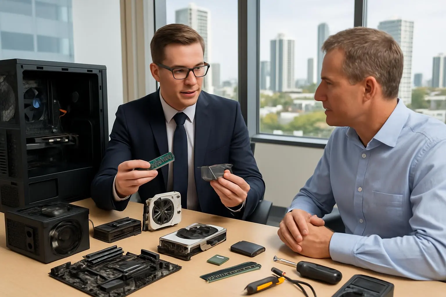 Professional IT technician consulting with business client about PC hardware upgrades on Gold Coast