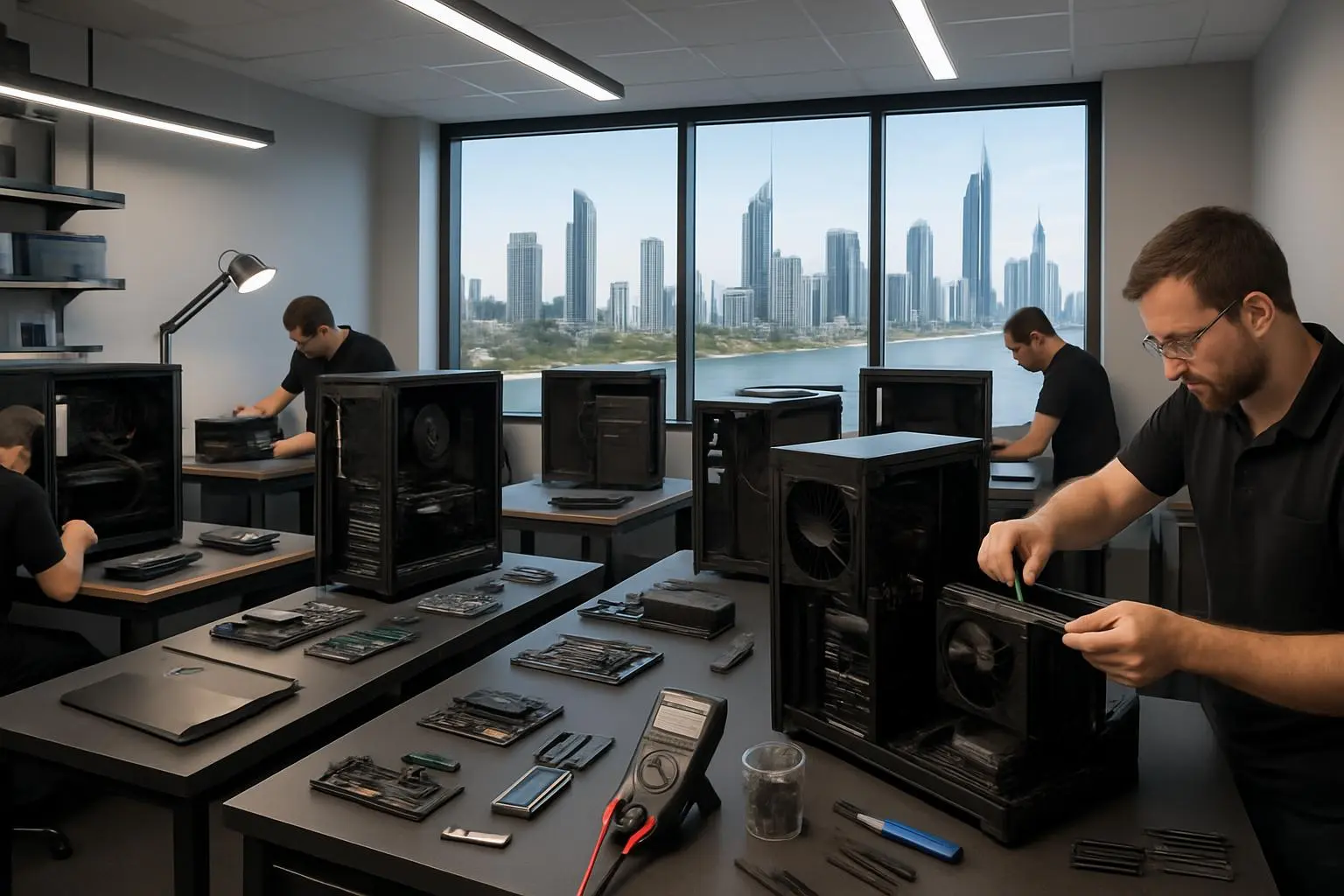 Modern PC hardware upgrade workshop on Gold Coast showing various computer upgrade workstations and components