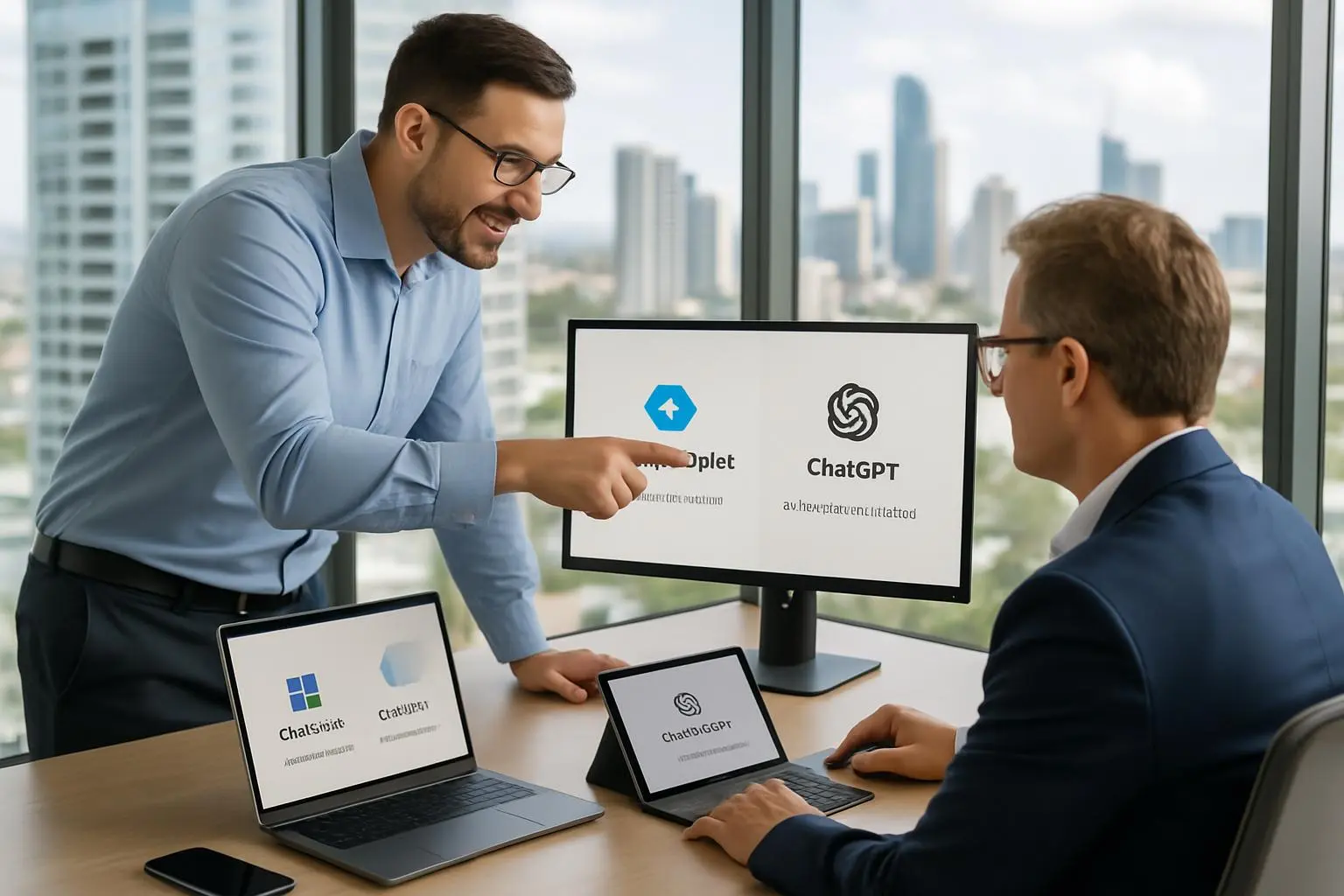 IT professional helping Gold Coast business client set up Microsoft Copilot and ChatGPT on their computer for enhanced productivity