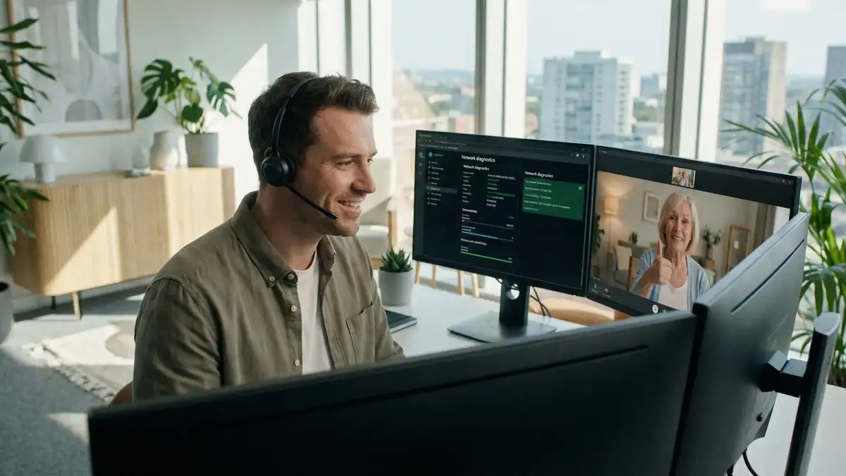 Friendly IT support technician providing remote assistance to a home user on the Gold Coast