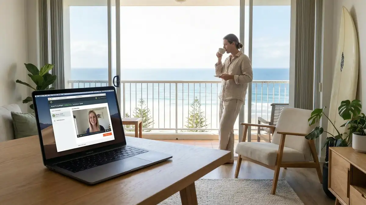 Relaxed home office setup on the Gold Coast with remote support connected on laptop screen