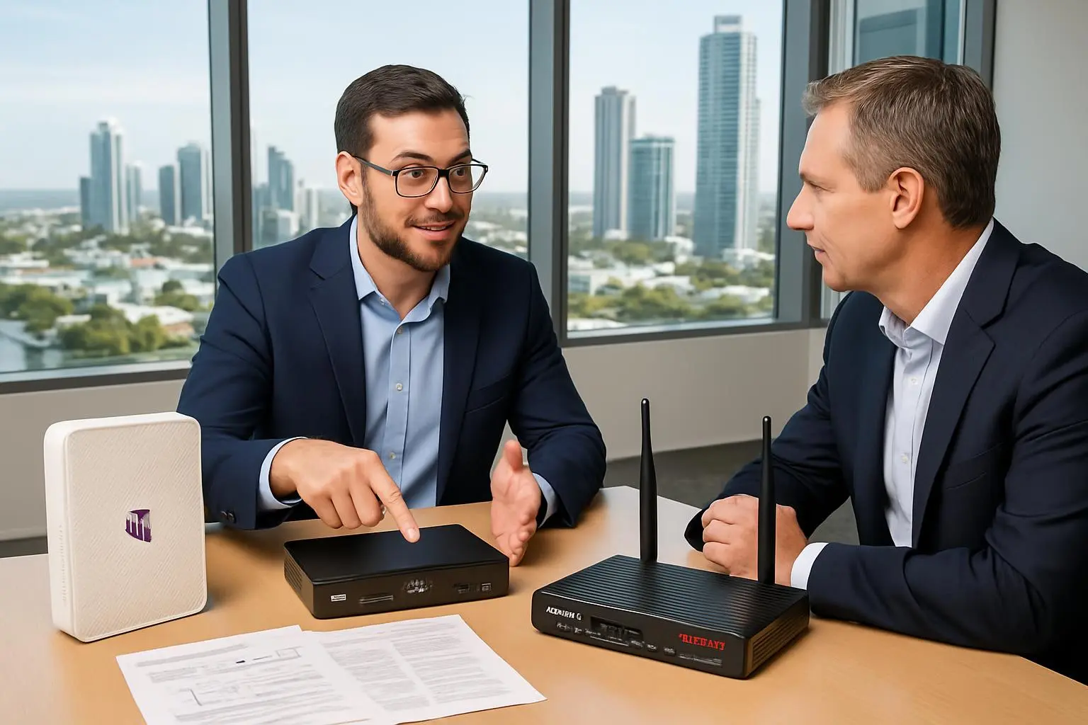 IT professional consulting with Gold Coast business client about router and modem configuration options