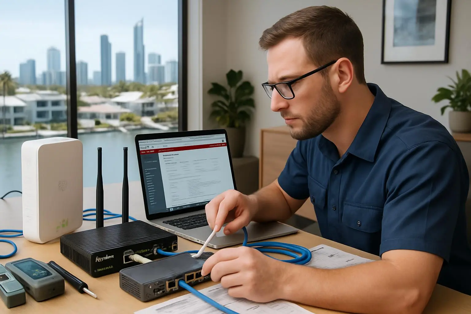 Professional technician configuring router and modem settings in Gold Coast home office
