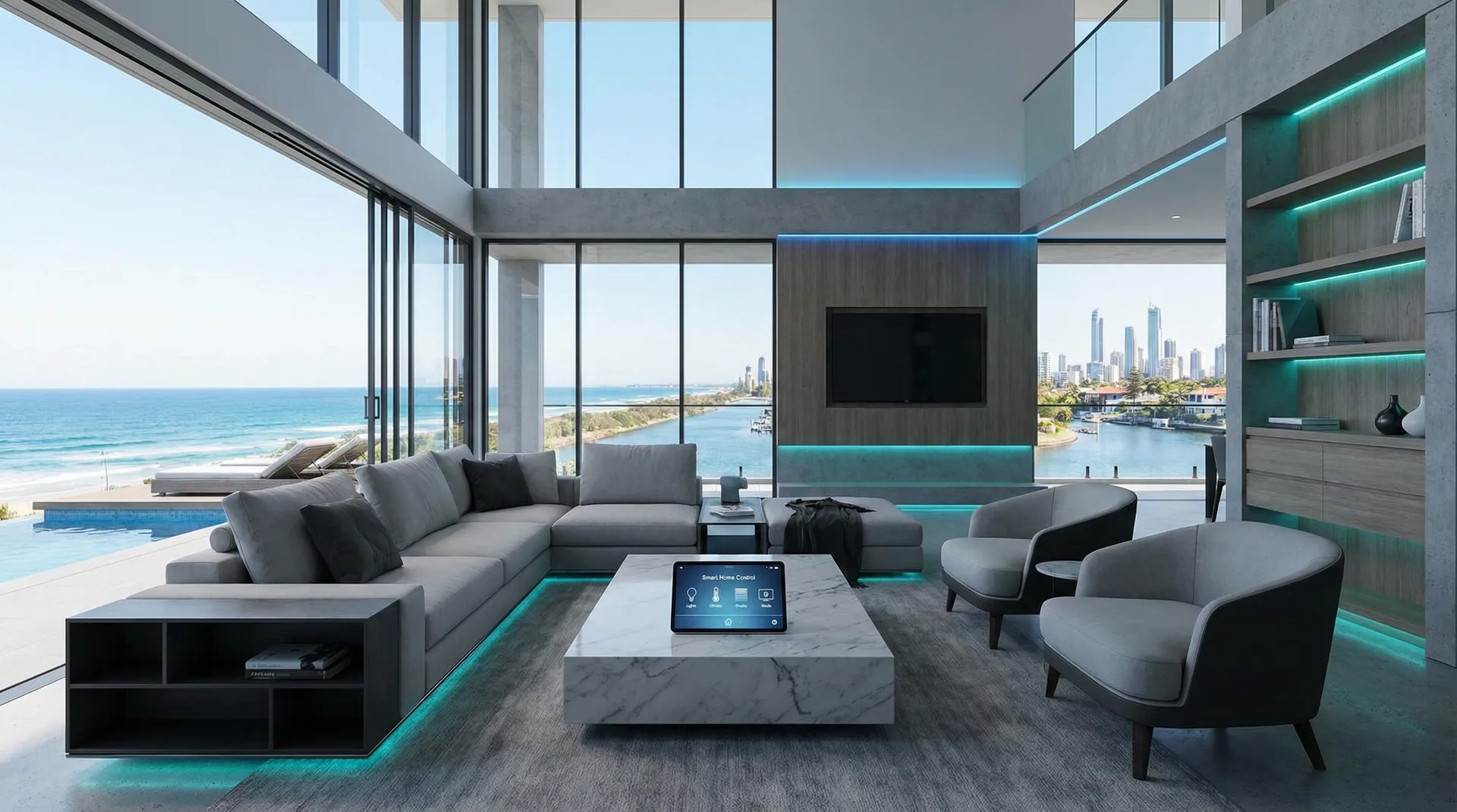 Modern Gold Coast living room featuring smart home automation control on a tablet