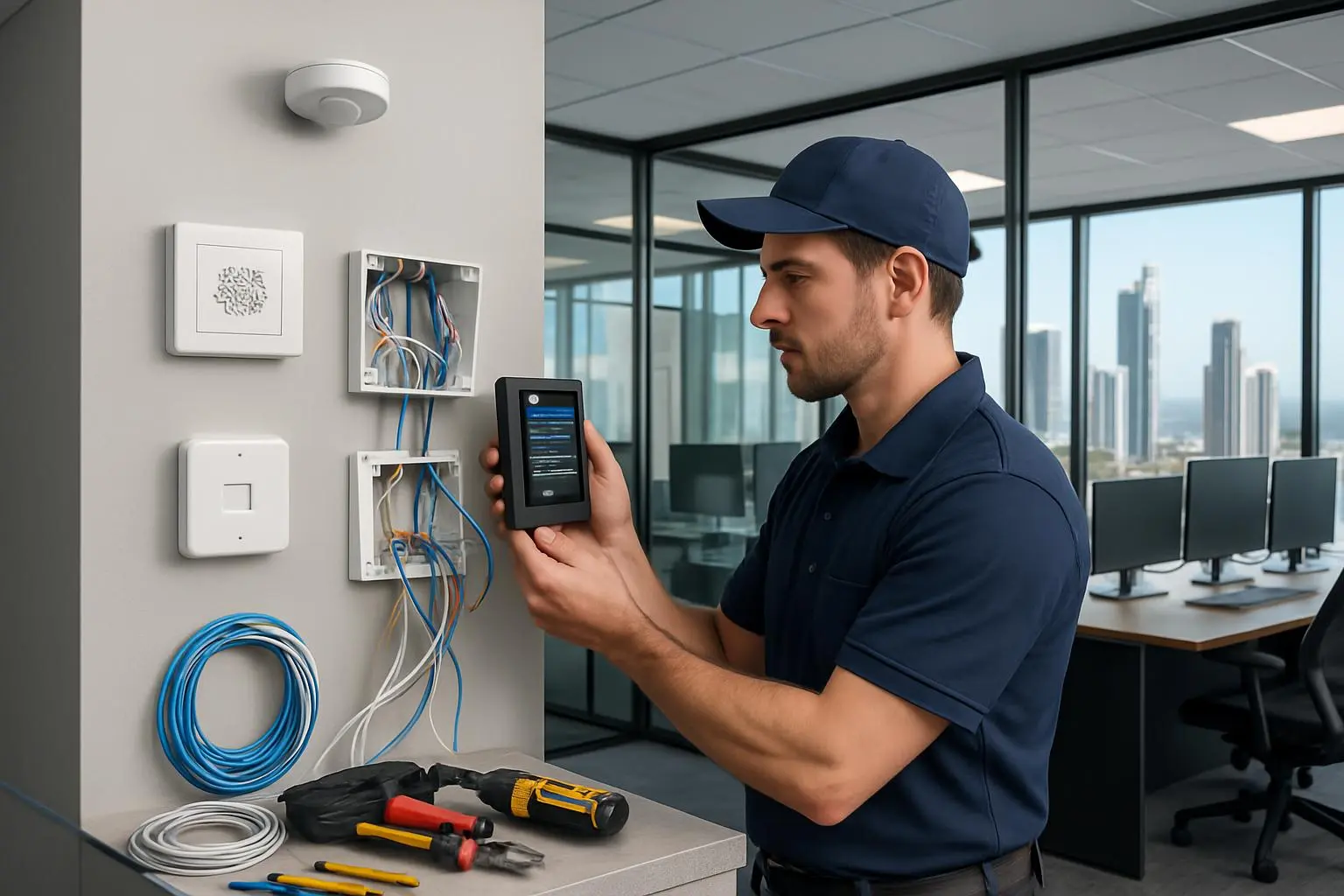 Professional technician installing smart office automation system in Gold Coast business