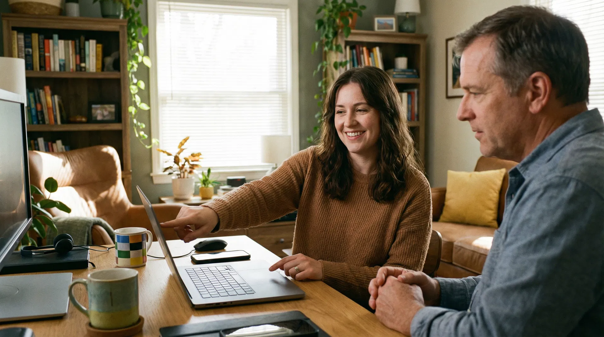 IT specialist troubleshooting software issues on a laptop with a client in a home office