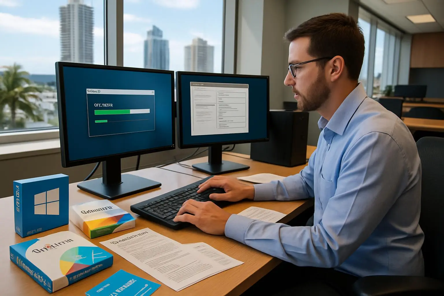 Professional technician installing and configuring software applications in Gold Coast office environment