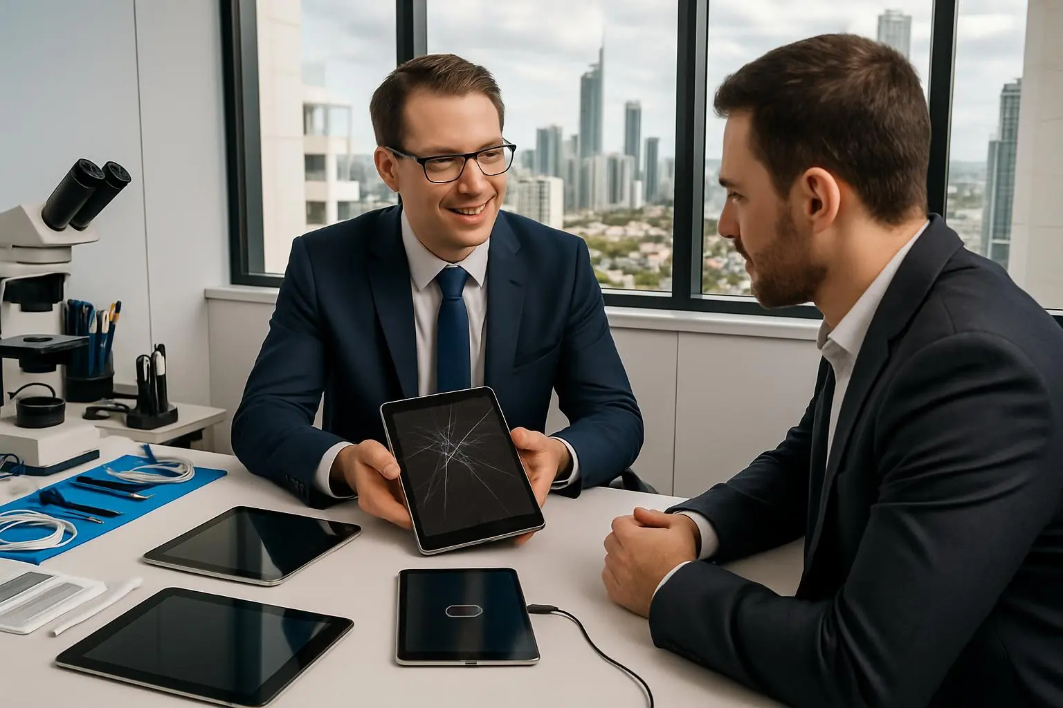 Professional IT technician consulting with business client about tablet repair services on Gold Coast