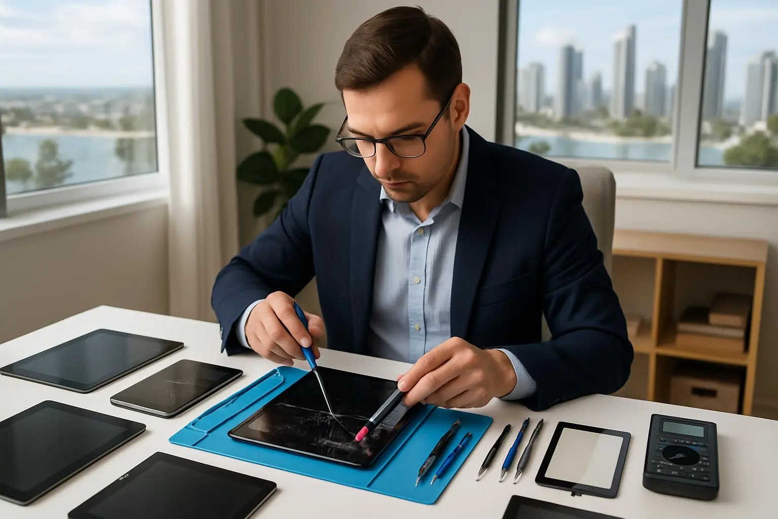 Modern tablet repair workshop on Gold Coast showing various tablet repair workstations and components