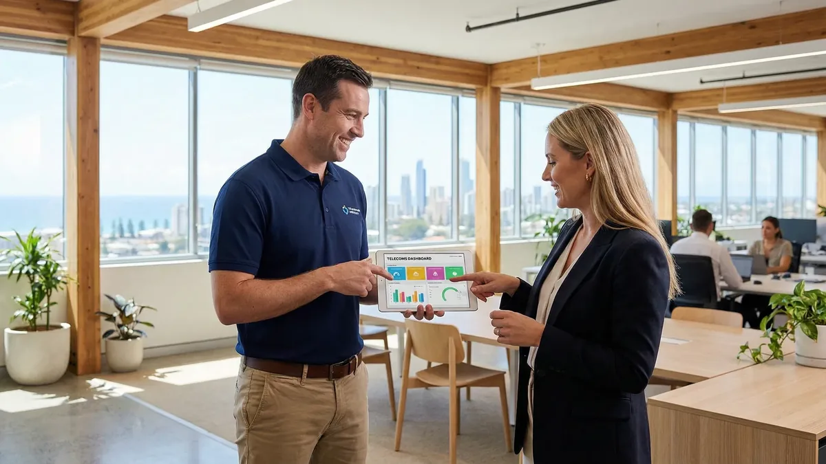 IT technician consulting with a business owner about telecommunications solutions in a Gold Coast office