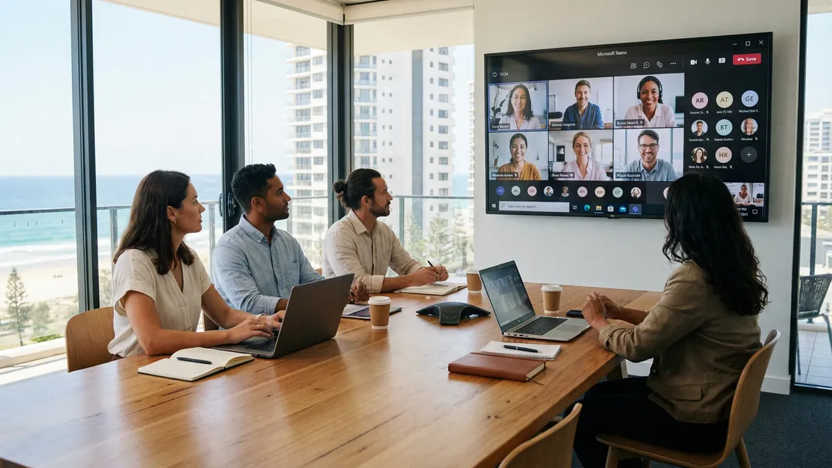Team in a modern Gold Coast office collaborating using Microsoft Teams and unified communications