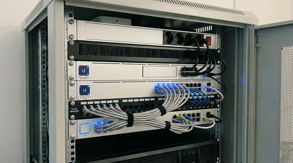 Professional Ubiquiti Dream Machine network rack setup with clean cable management