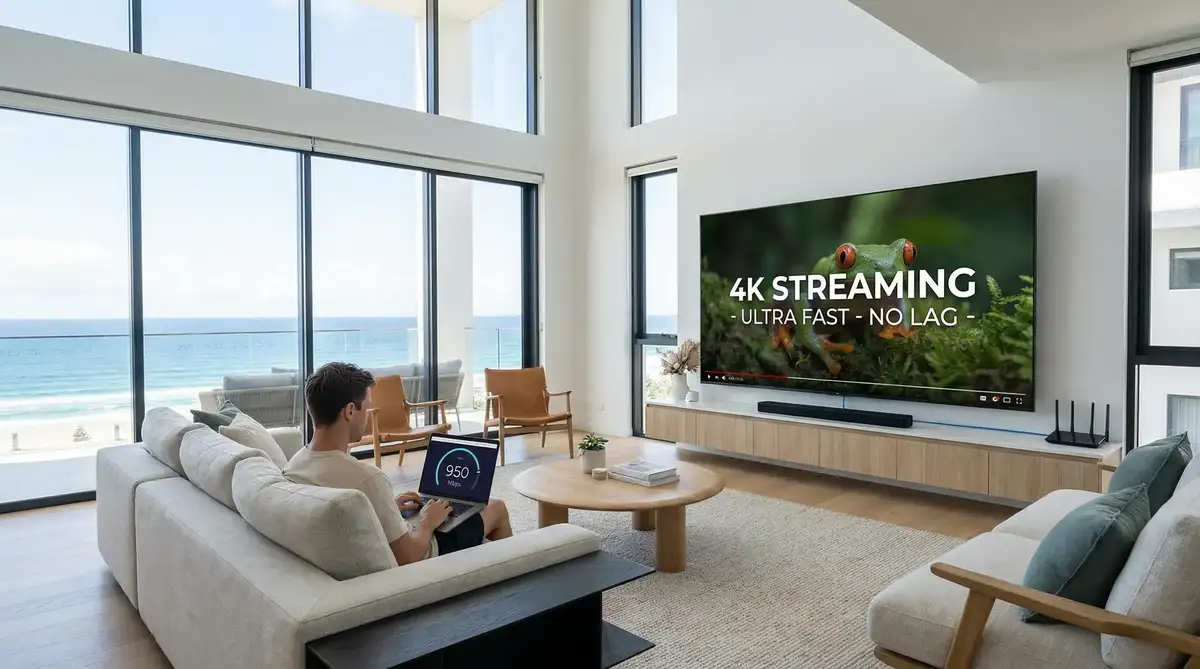 Luxury Gold Coast living room with 4K streaming and high-speed internet usage