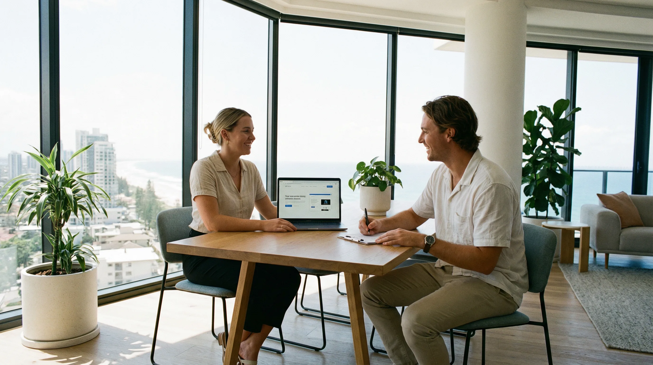 UX design usability testing session in a Gold Coast office with two professionals reviewing a website prototype